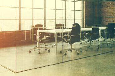 Brick open space office interior with white tables and chairs standing along the walls. A meeting room. Side view. 3d rendering mock up toned image double exposure
