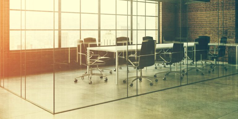 Brick open space office interior with white tables and chairs standing along the walls. A meeting room. Side view. 3d rendering mock up toned image double exposure