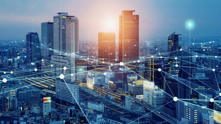 Smart city and communication network concept. 5G. IoT (Internet of Things). Telecommunication.