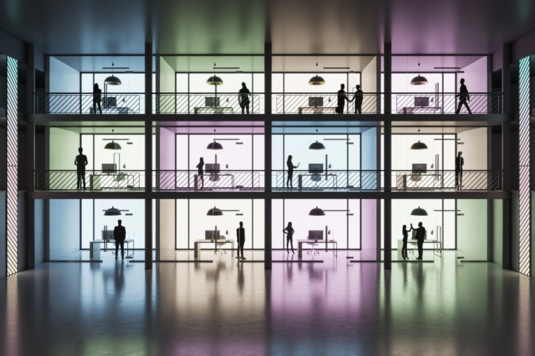 Modern coworking office art project with three floors of parlors with colorful walls and people near every minimalistic work place in abstract spacious area with glossy floor