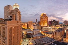 Aerial view of New Orleans at dusk.
