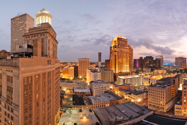 Aerial view of New Orleans at dusk.