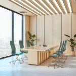 meeting room, with a cream table and walls, large windows, and turquoise office chairs surrounding the table